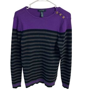 Lauren Ralph Lauren Purple and Black Striped Sweater 3 Shoulder‎ Gold Buttons XL